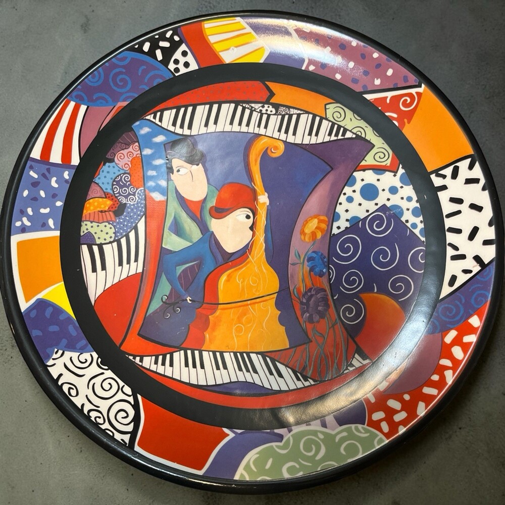 Juleez Julie Borden Large Round Serving Platter Art Jazz Piano And Bass Deco